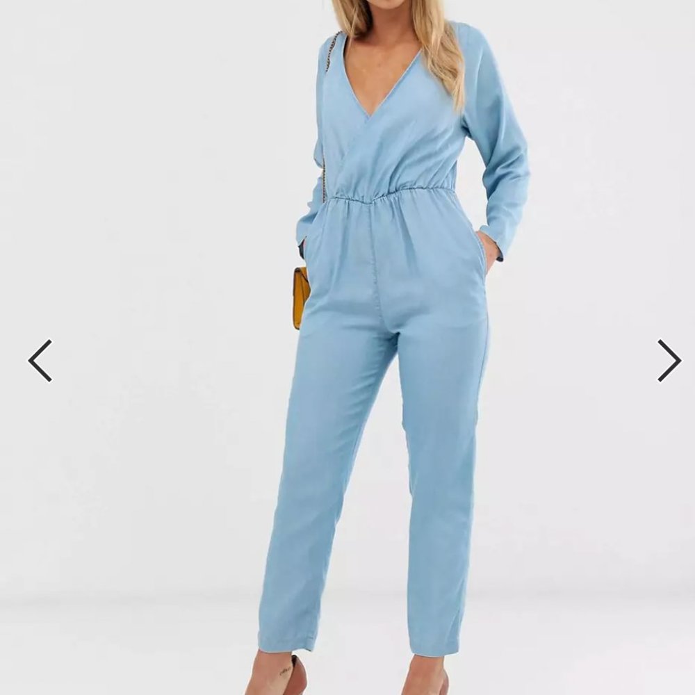 ASOS DESIGN soft denim wrap front jumpsuit